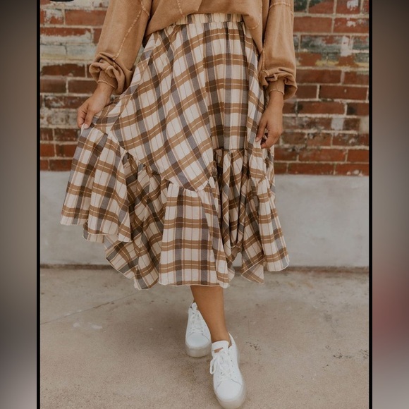 NWT October Oaks Plaid Asymmetric Midi Skirt - Khaki Multi / L - Picture 6 of 6